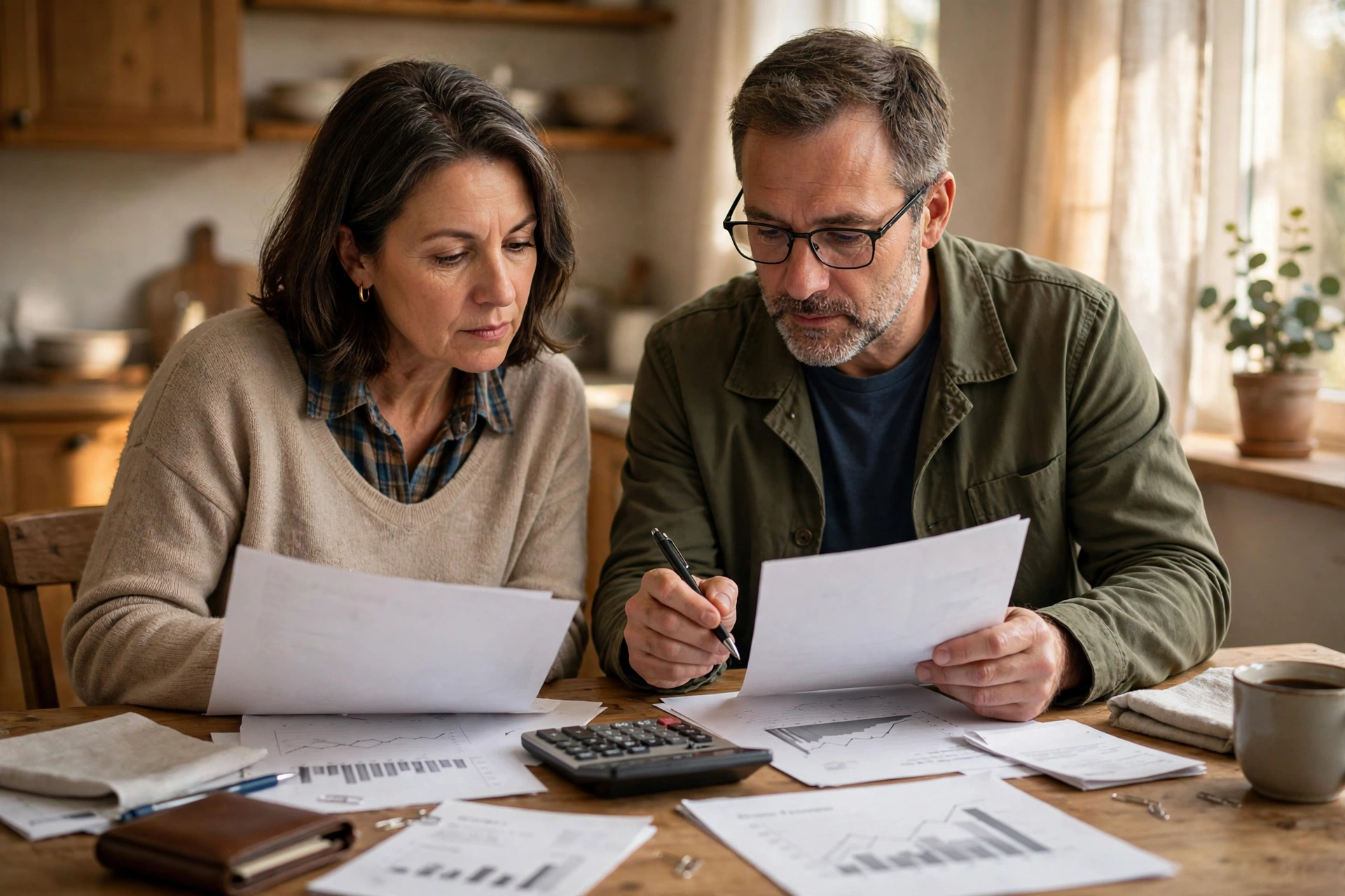 Couple in their fifties reviewing household finances and retirement savings at a table