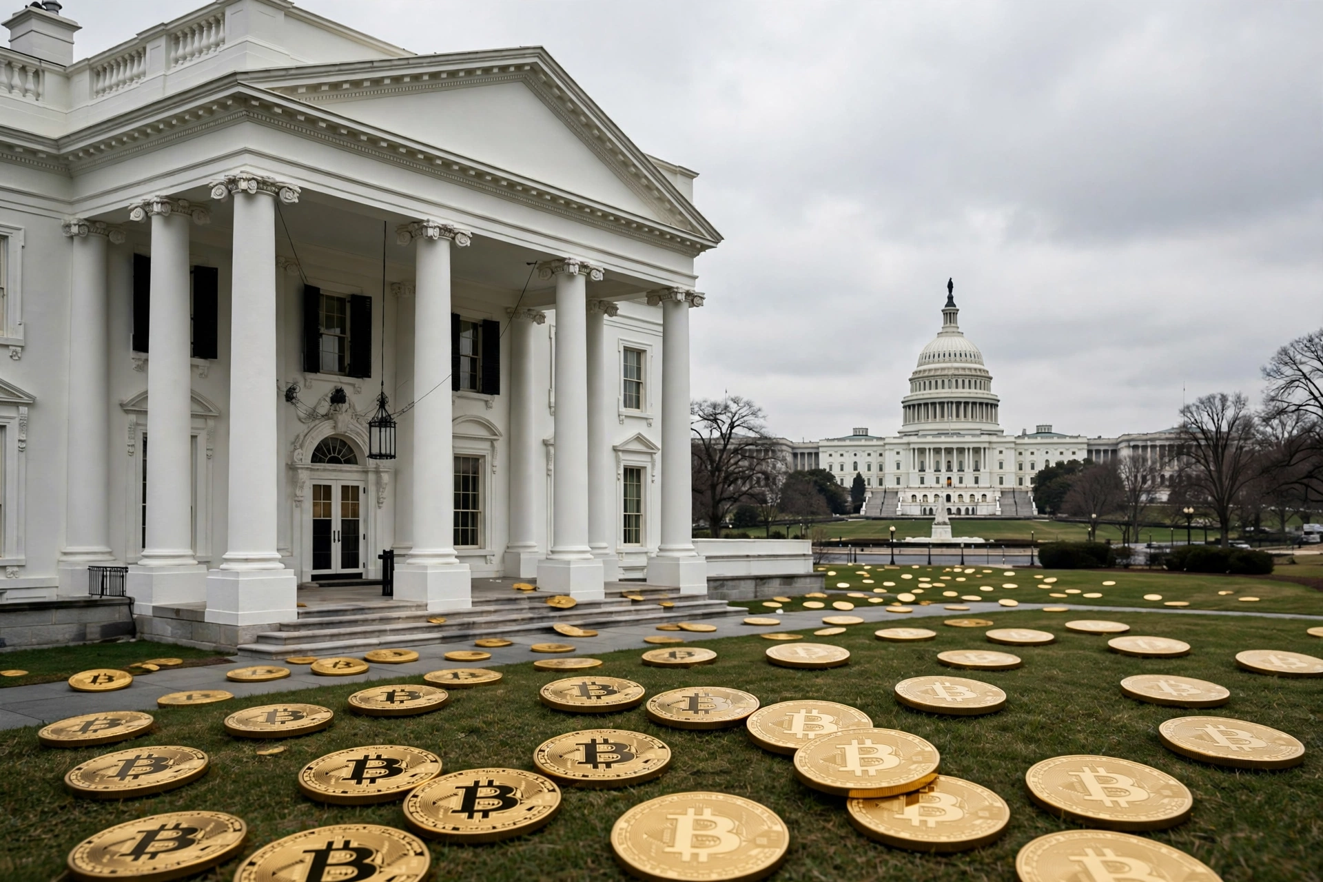 White House with digital cryptocurrency symbols and the US Capitol in the background